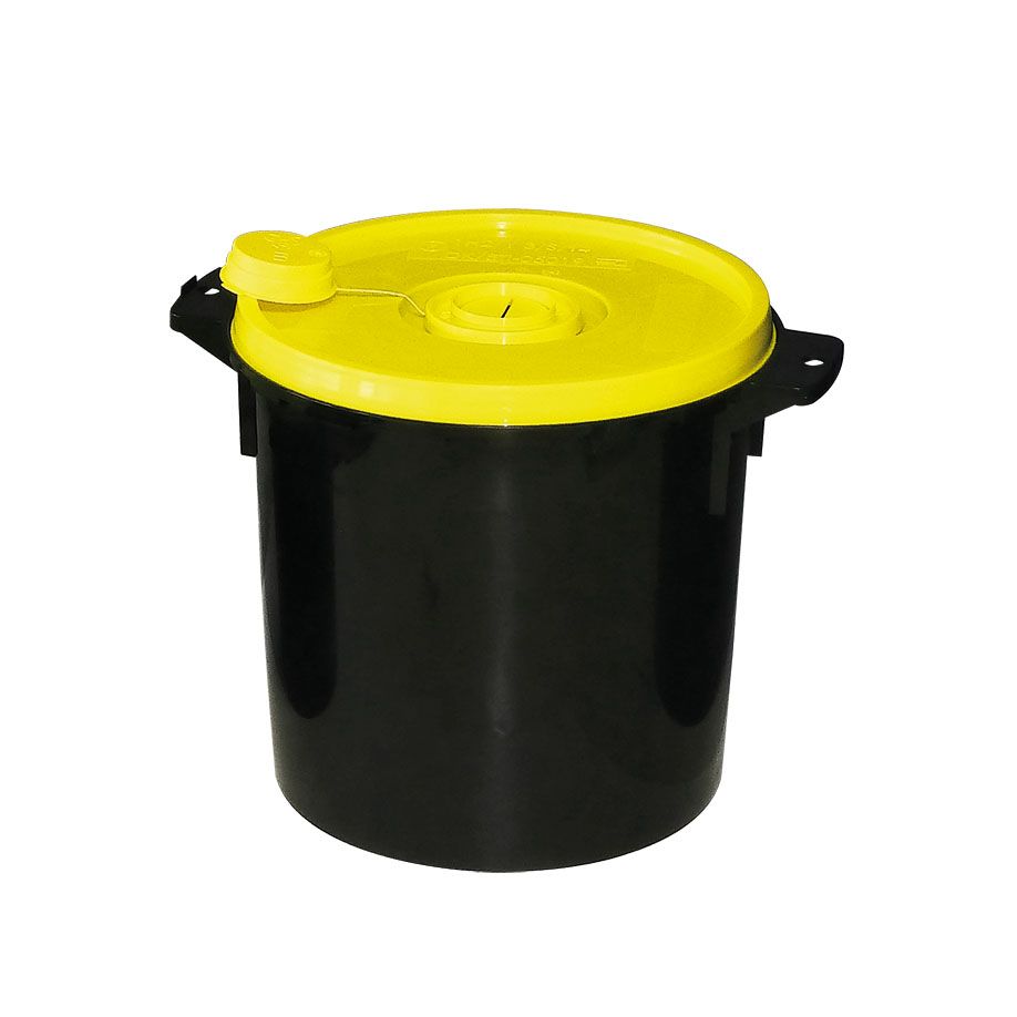 Kanülenabwurfbehälter schwarz 11,3 Ltr., gelber Deckel, Höhe: 26cm, Ø oben: 28cm, Ø unten: 23,5cm